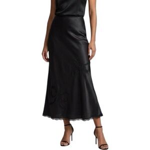 And Now This Black Satin Midi Skirt Bow Lace Inset Slip Skirt Black Small NWT